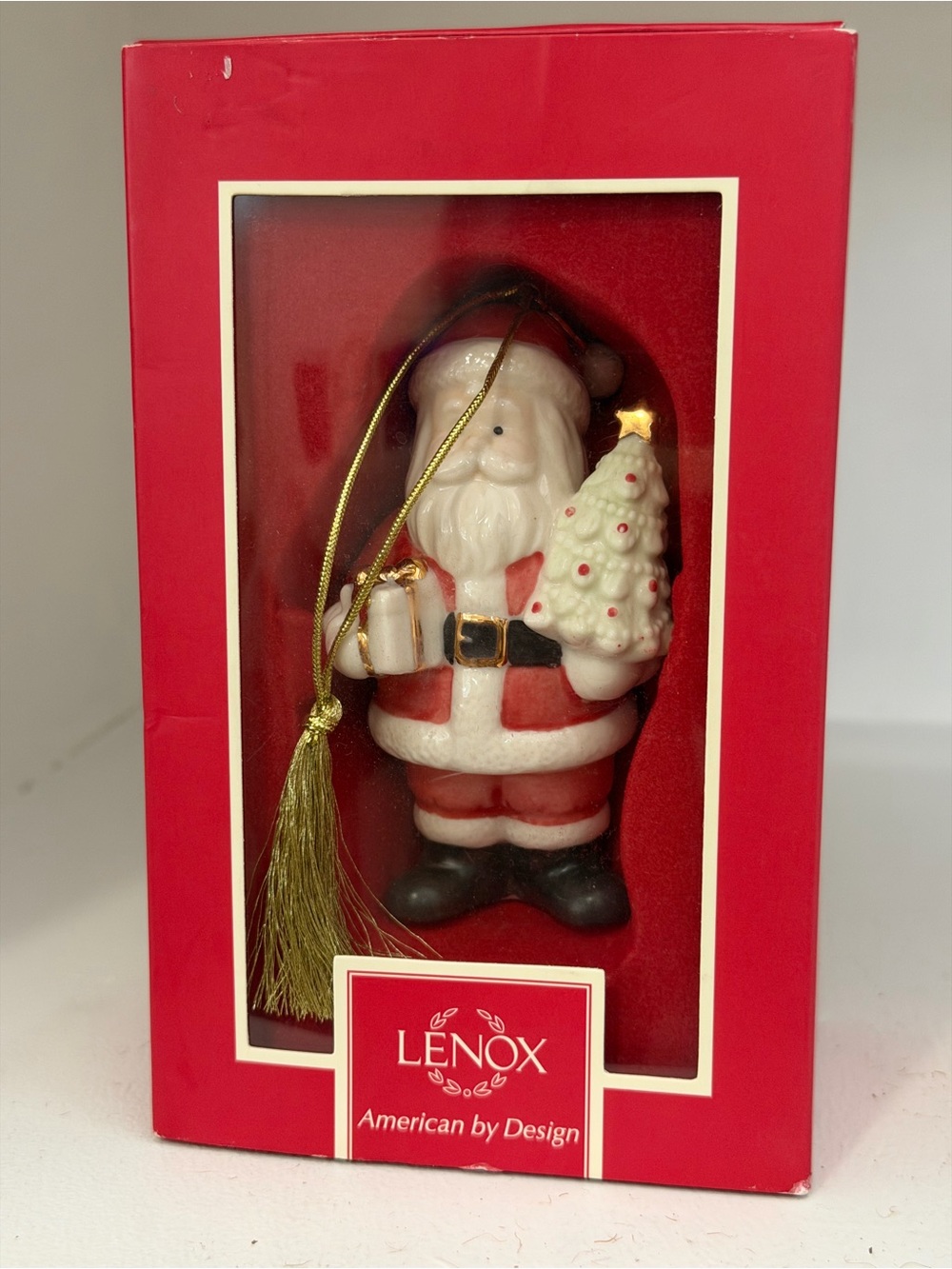 Lenox Red and White Santa with Tree Ceramic Ornament